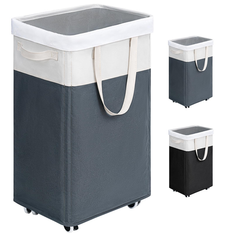 Panier à linge avec roulettes Canale, grand panier à linge pliable 75L, grand panier à linge avec sac de lavage amovible, gris et blanc