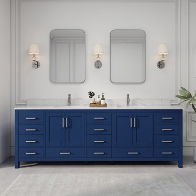 Meuble-lavabo double 96 po avec comptoir de 96 po entièrement assemblé avec comptoir en granite blanc et dosseret
