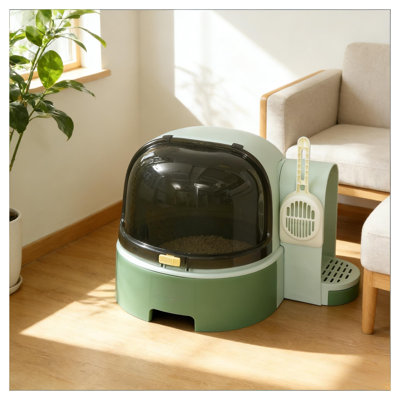 Covered Cat Litter Box with Removable Tray and Front Entry, Green Polypropylene and PC Plastic