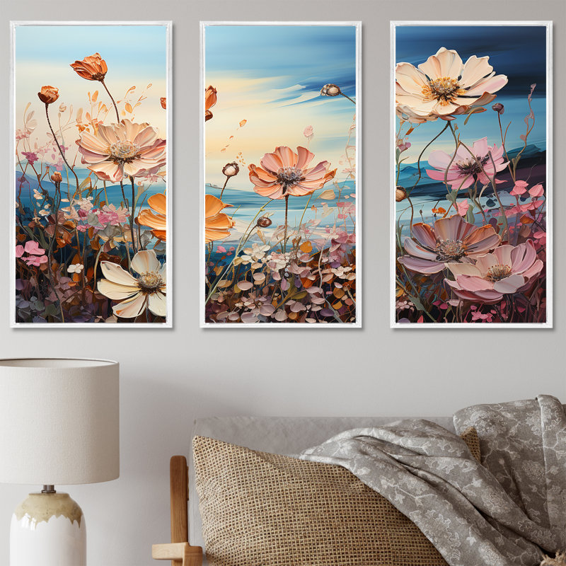 Ensemble de salon art floral rose, Cadre flottant blanc, H 32 po x l 48 po x P 1 po