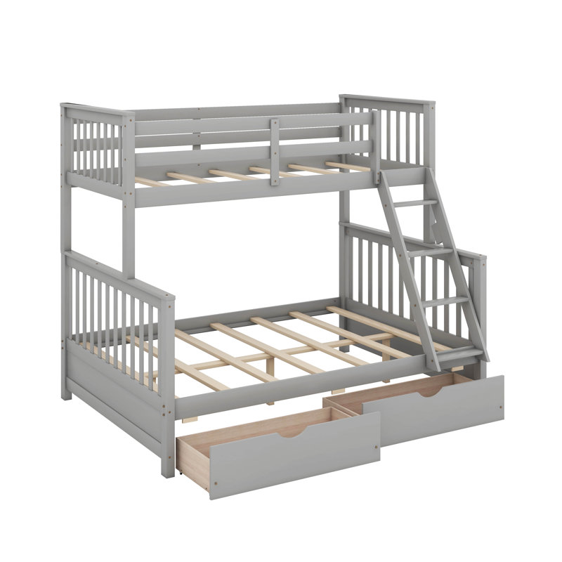 Twin Over Full Bunk Bed With Ladders And Drawers, Gray