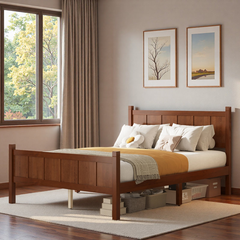 Modern Platform Bed With Line Headboard And Sturdy Legs, Full, Dark Walnut
