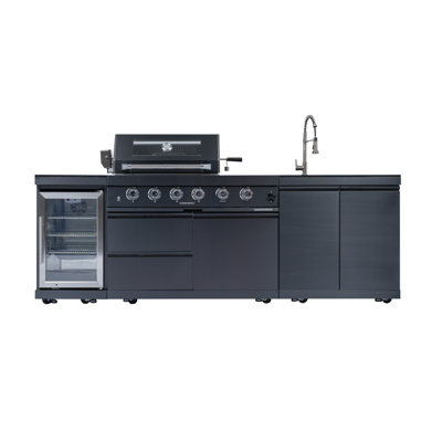 S00019 46 pouces 4 brûleurs 72000 BTU Deluxe Cuisine au gaz en acier inoxydable Barbecue pour îlot de cuisine + Réfrigérateur compact à vin + Ensemble de rôtisserie + Comptoirs en granite + Évier en acier inoxydable