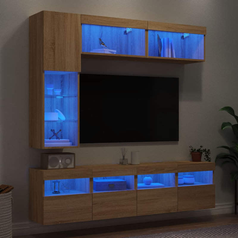  7 Piece TV Wall Cabinet Set With LED Lights, Sonoma Oak