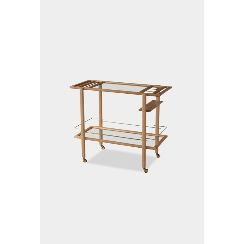 Solid Wood Bar Cart with Wheels, White Oak/Brass