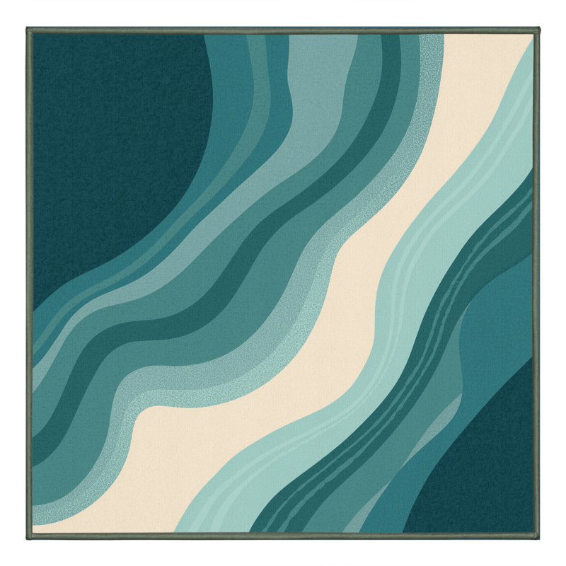 Tapis à motif abstrait tropical doux et moelleux bleu Olivet - reliure vert sauge, Carré 6 pi