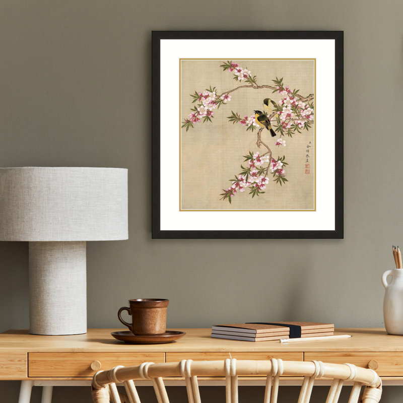 Peach Blossoms and Yellow Sparrows by Yu Zhi - Single Picture Frame Print, Black, 17.5" H x 13.5" W x 0.94" D