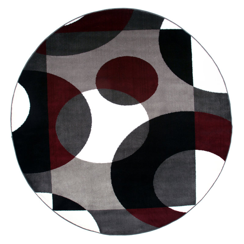 Tapis tissé géométrique bourgogne / gris / blanc Amirr - Tapis en polypropylène à cercles abstraits modernes pour le salon, la chambre à coucher ou la cuisine