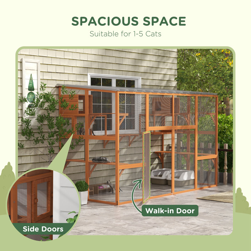 Large Orange Wooden Outdoor Cat House with Weather Protection Roof