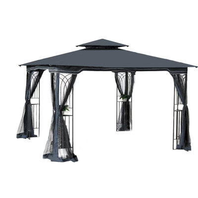 10x10 Outdoor Gazebo With Double-tiered Roof And - Fabric - Gray Canopy Triangular Pillars Mesh