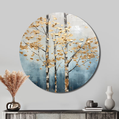 Harmonie des arbres dorés et bleus III - paysages d'art rond en métal