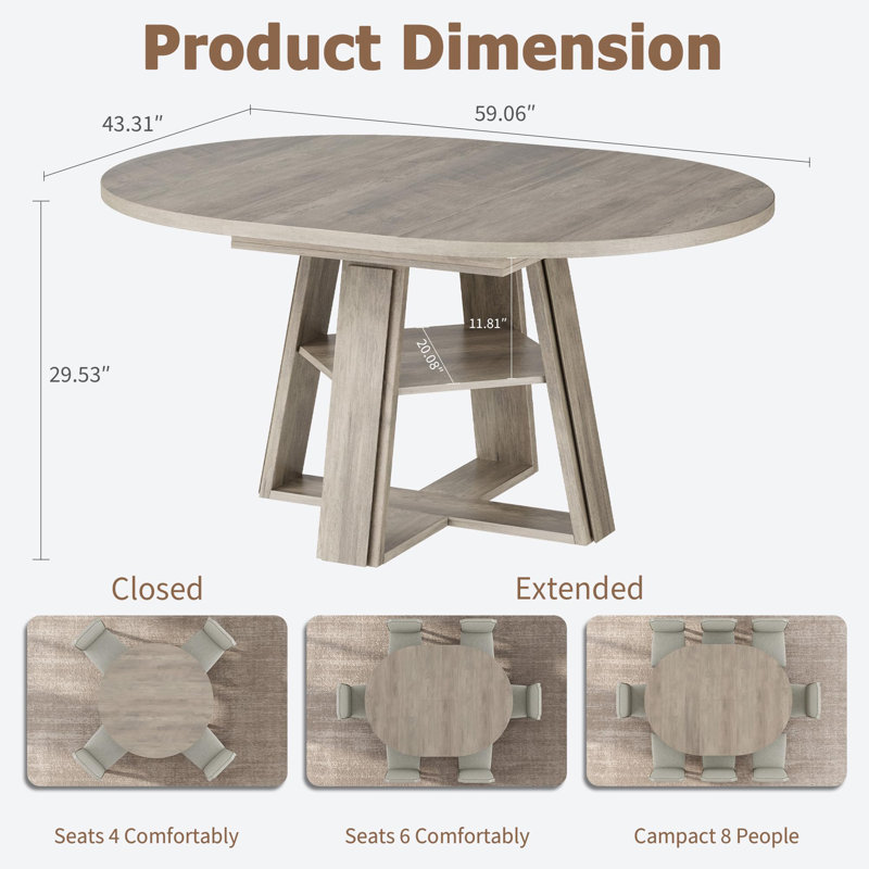 Table de salle à manger extensible ronde à ovale, piètement en bois avec tablette de rangement, Gris