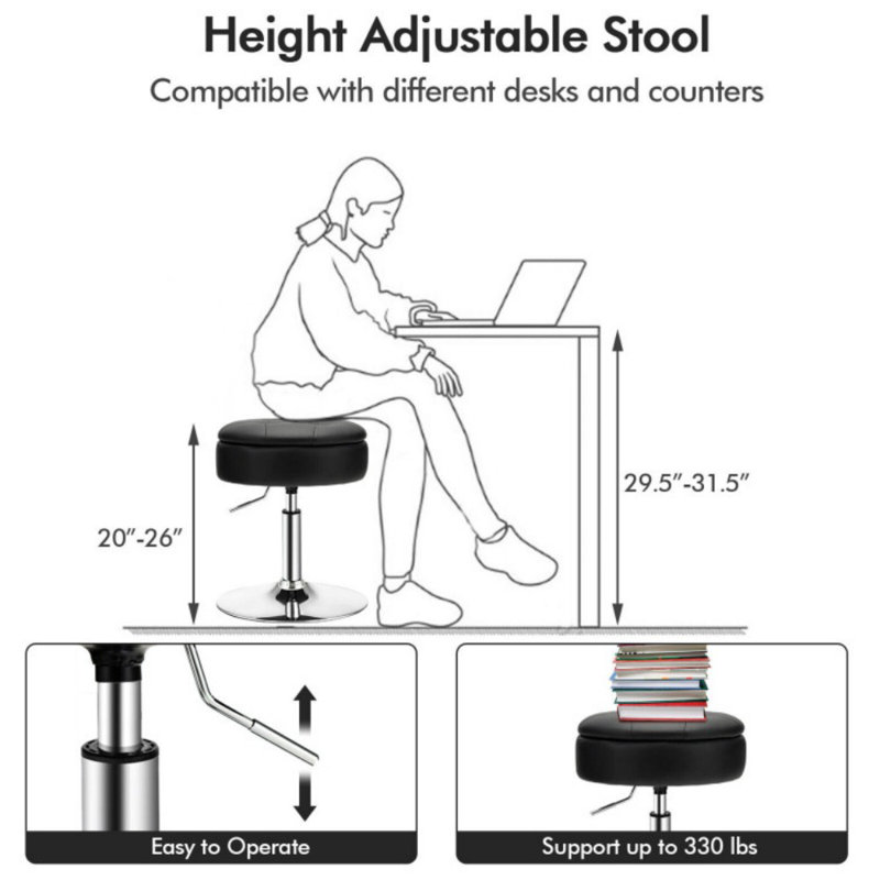 Adjustable 360° Swivel Storage Vanity Stool with Removable Tray