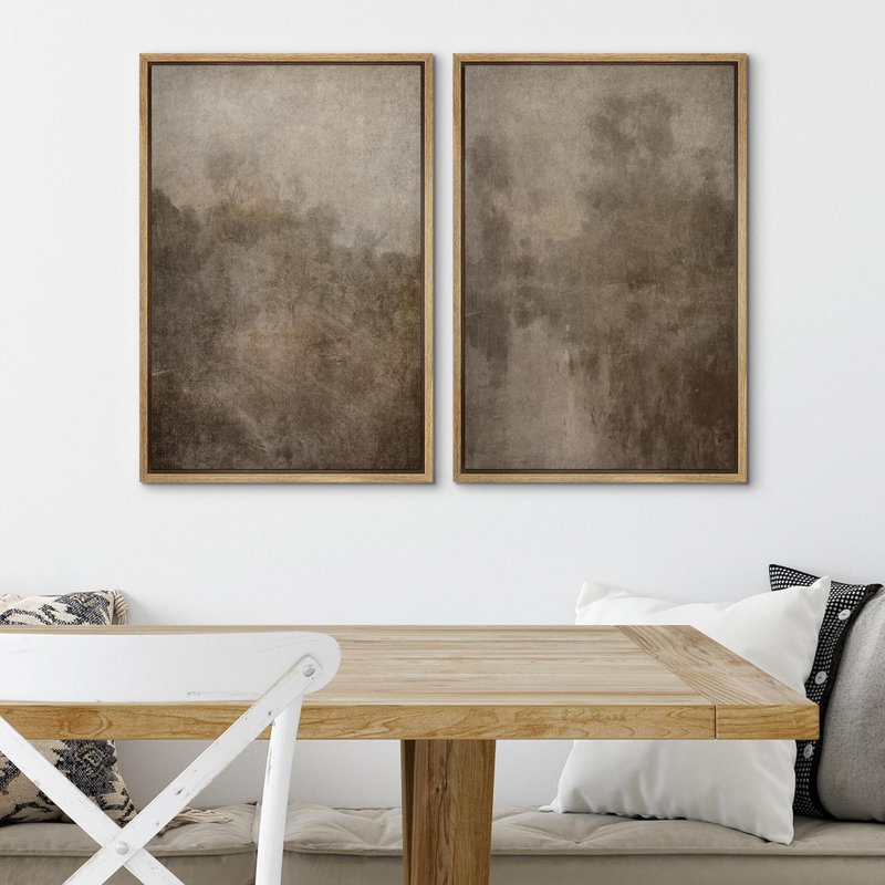 " Dark Black Color Field Landscapes " 2 - Pieces on Canvas, Natural Framed, 24'' H x 36'' W
