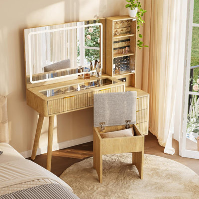 Meuble-lavabo 48 po avec miroir à DEL, station de charge et tabouret de rangement pour chambre à coucher