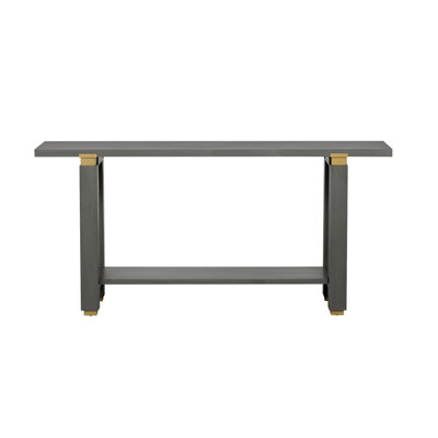 62.9", Modern Minimalist, Table, Solid Pine Legs, Veneer, Geometric Metal Accents, Gray, Behind - Display Setup 62.9-Inch, Console Iron Open Concept Living Room