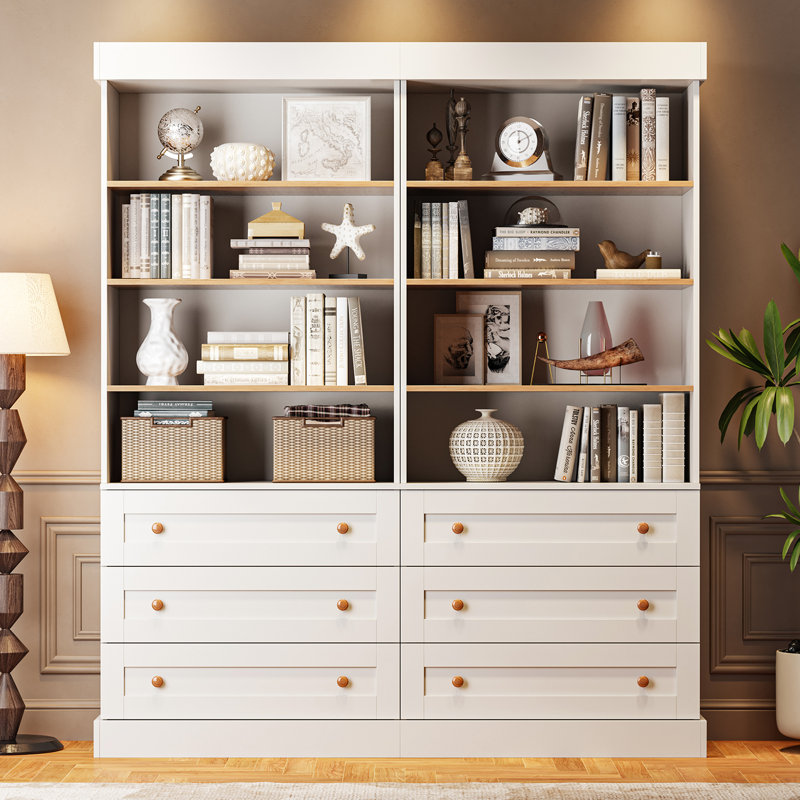 71" H x59'' W Standard Storage Bookcase with 6 Drawers and 8 Open Shelves, Modern Wood Organizer, White, 2