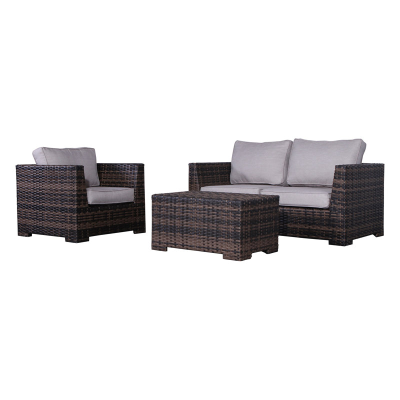 Ensemble de conversation en osier pour 3 personnes avec coussins Cariah, Espresso