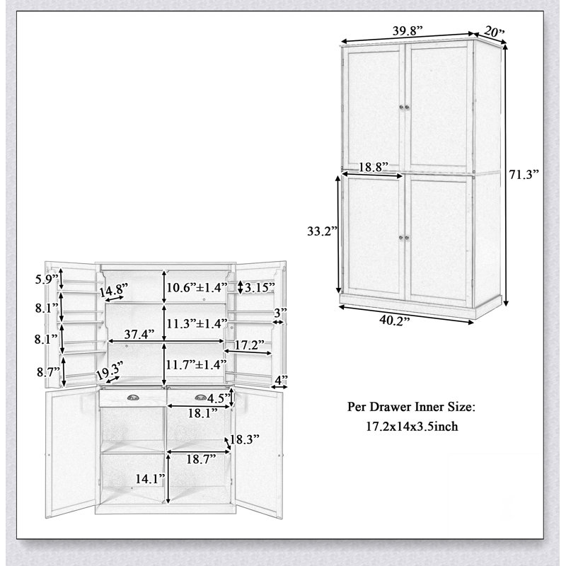 Grande armoire de rangement autoportante 40,2 x 20 x 71,3 pouces avec 2 tiroirs, Gris