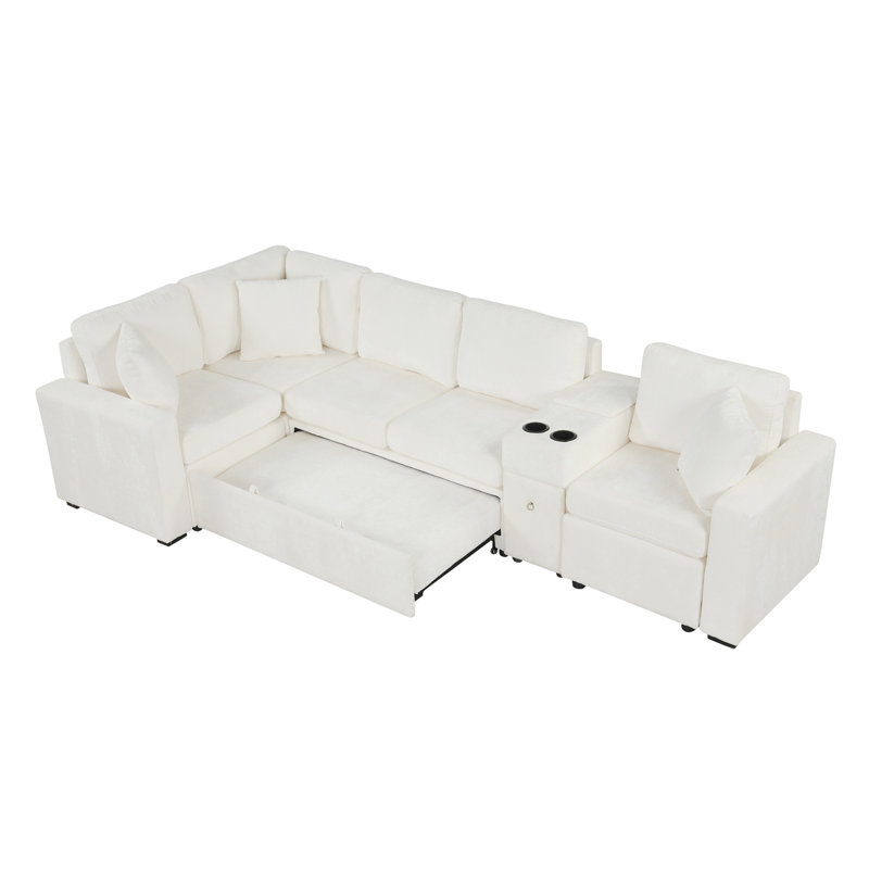 Canapé modulaire convertible en L en chenille avec lit escamotable et porte-gobelets Quorra, Blanc