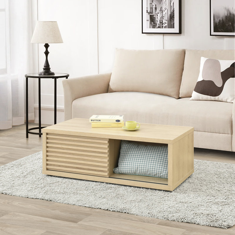 Abba Modern Horizontal Fluted Sliding Door Coffee Table with Storage, Oak