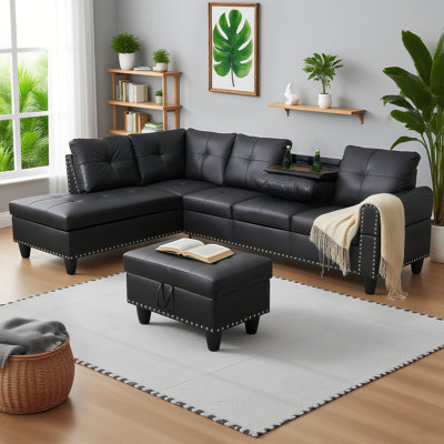 Canapé-lit modulaire convertible, ensemble de canapés modulaires en L en cuir synthétique à 4 places avec canapé-lit et porte-gobelet pour la maison, le salon, la chambre à coucher, le bureau, noir à gauche