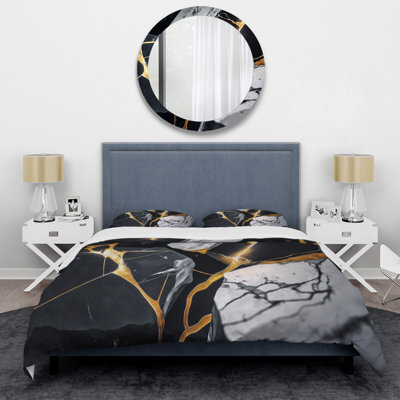 Abstract Geode Gold Marble II - Ensemble de housse de couette moderne - Microfibre de polyester
