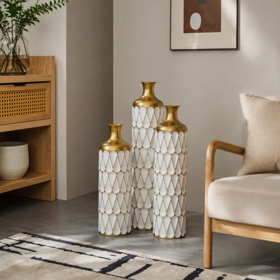 Floor Metal Vase Modern Style Decoration Home Droplet Shaped White Metal Vase 3Piece Set Gorgeous Home Decoration Large Glazed Metal Vase