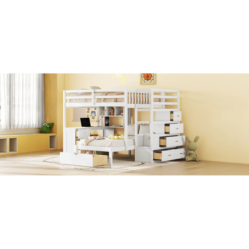 Lit superposé avec bureau, tiroirs et tablettes, Blanc