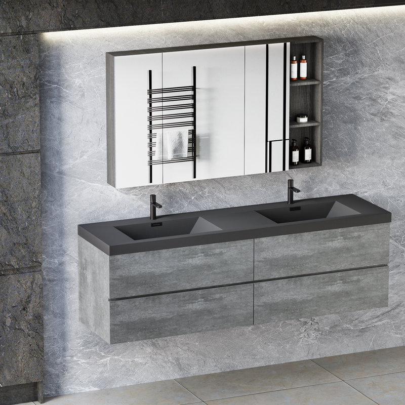 Meuble-lavabo double 60 po avec plateau en quartz Cutaio