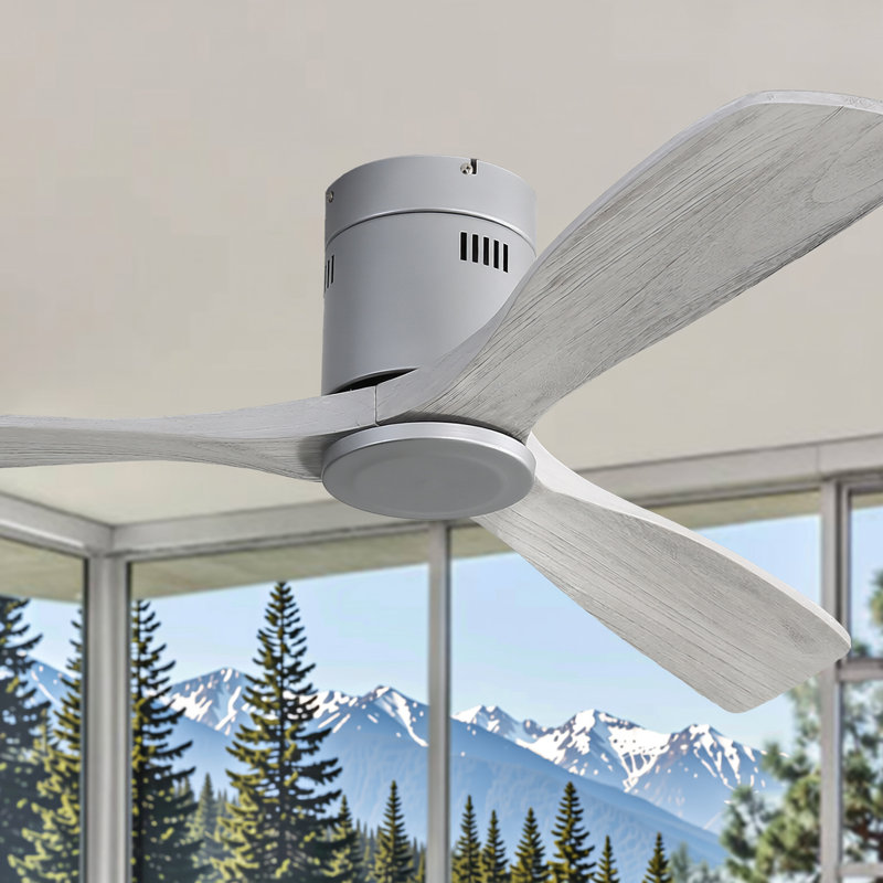 52 Inch Flush Mount Ceiling Fan Dc 3 Carved Wood Fan Blade Noiseless Reversible Motor Remote Control Without Light