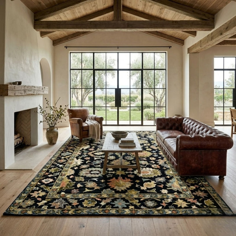 Dharmendera Traditional Black Hand-Hooked Area Rug, Rectangle 2' x 3'