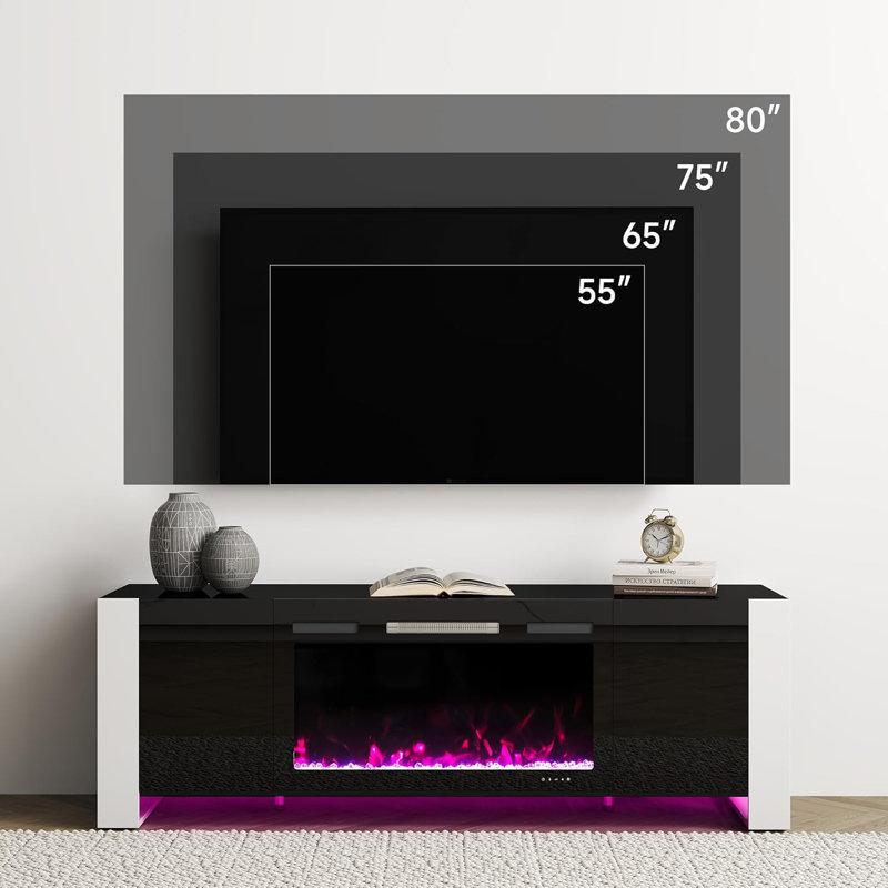 Meuble télé 80 po noir brillant avec lumières DEL et pieds en forme de U pour téléviseur de 90 po