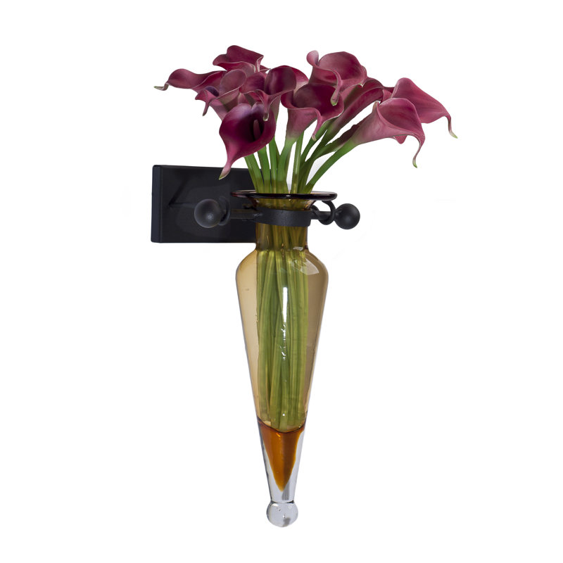 Wall Mount Amphora Vase on Iron Sconce with Finials, Amber