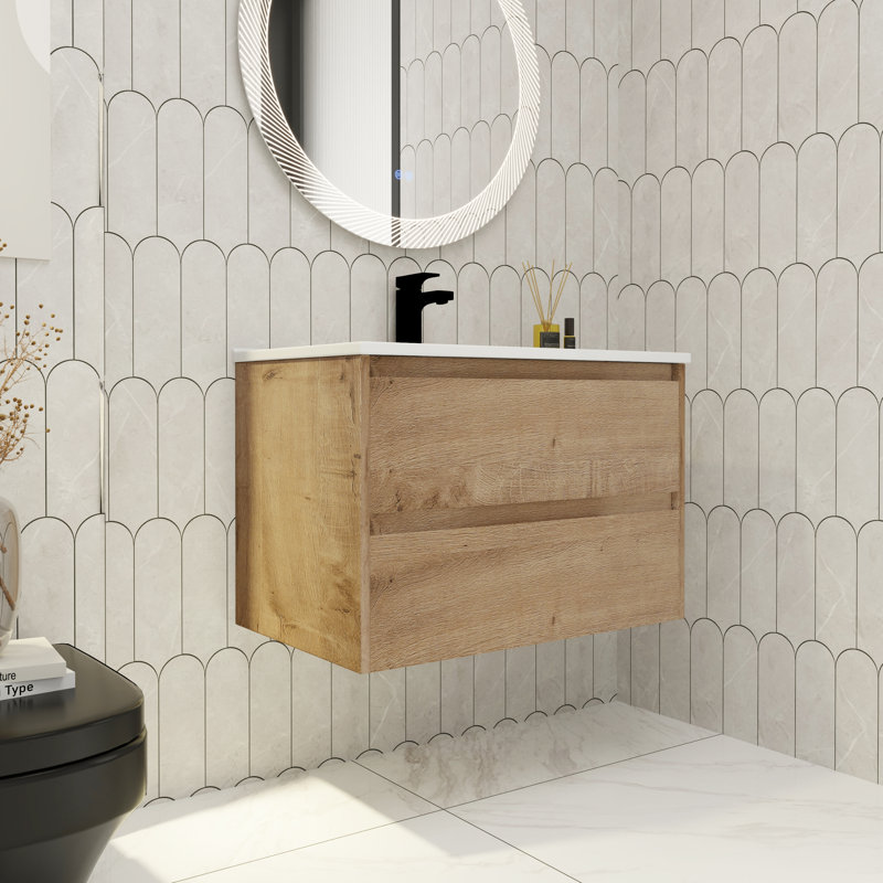 Iymona 30" Single Wall-Mounted Bathroom Vanity Set, Floating Bathroom Vanity with 2 Drawers, Ceramic Basin Sink Top, White