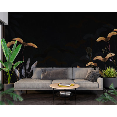 Dark Botanical Leaf Wall Mural | Moody Black Gold Peel and Stick Wallpaper | Living Room Removable Wall Décor