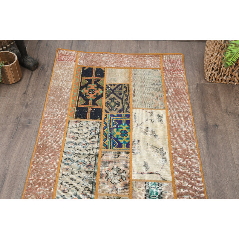 Tapis brun rétro en laine patchwork 29,9 x 96,9 pouces