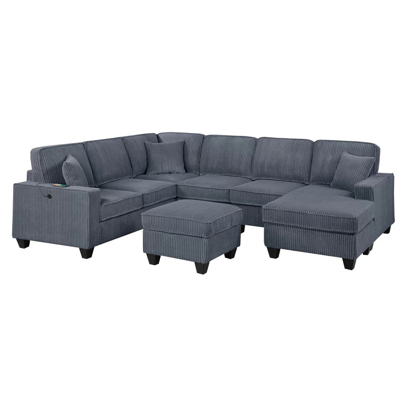 Canapé modulaire en velours côtelé gris foncé 5 pièces avec USB et repose-pieds Ancona, Velours côtelé gris foncé