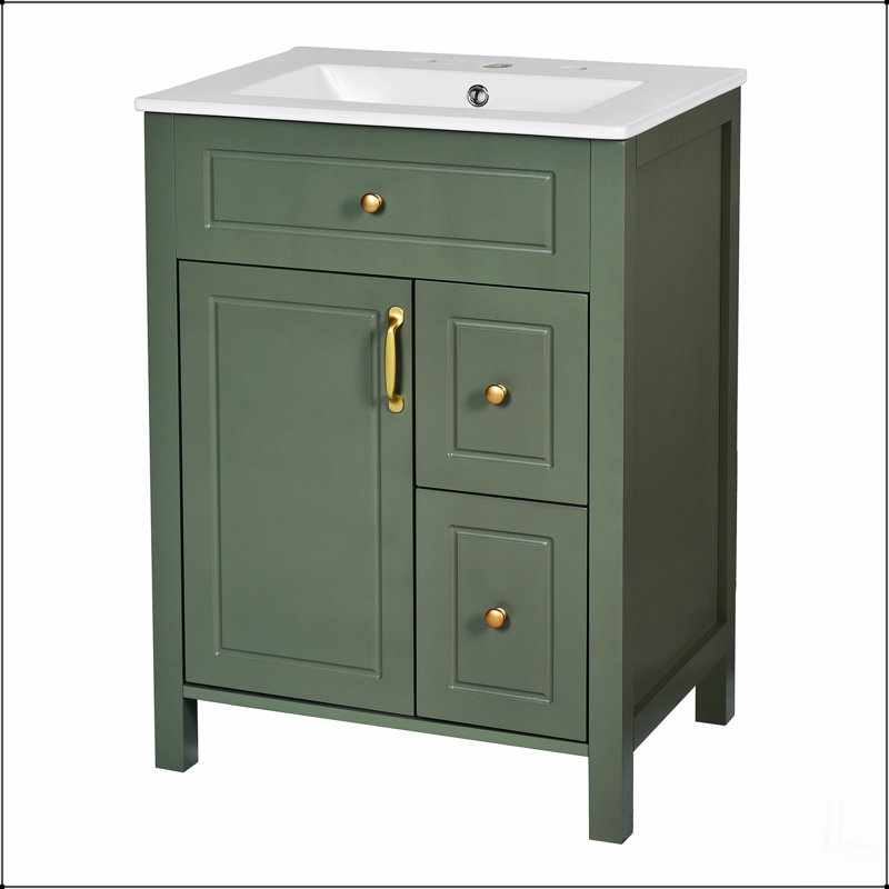 Meuble-lavabo de 24 pouces avec lavabo en céramique, 1 porte à fermeture en douceur, 2 tiroirs à fermeture en douceur et 2 supports de rangement sur la porte