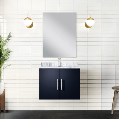 24 po Meuble-lavabo bleu marine, comptoir en marbre, miroir 18 inclus, meuble-lavabo avec comptoir et fermeture en douceur, touche artistique