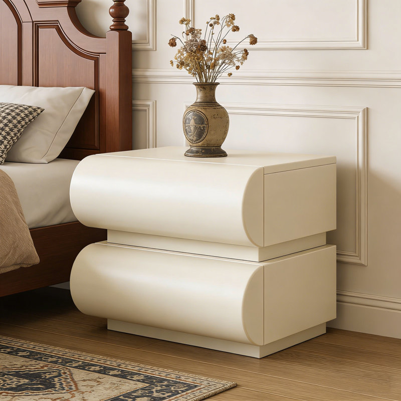 19.7" French Cream Nightstand with Two Drawers, Solid Wood Frame and Faux Leather Upholstery, End Table for Bedroom or Living Room