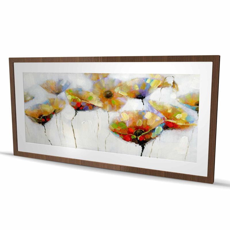 Fleurs tachées de couleur | Impression de salon orange encadré, Brun, H 24 po x l 48 po