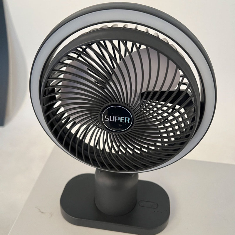 Gray Rechargeable Desk Fan with LED Light and Adjustable Tilt