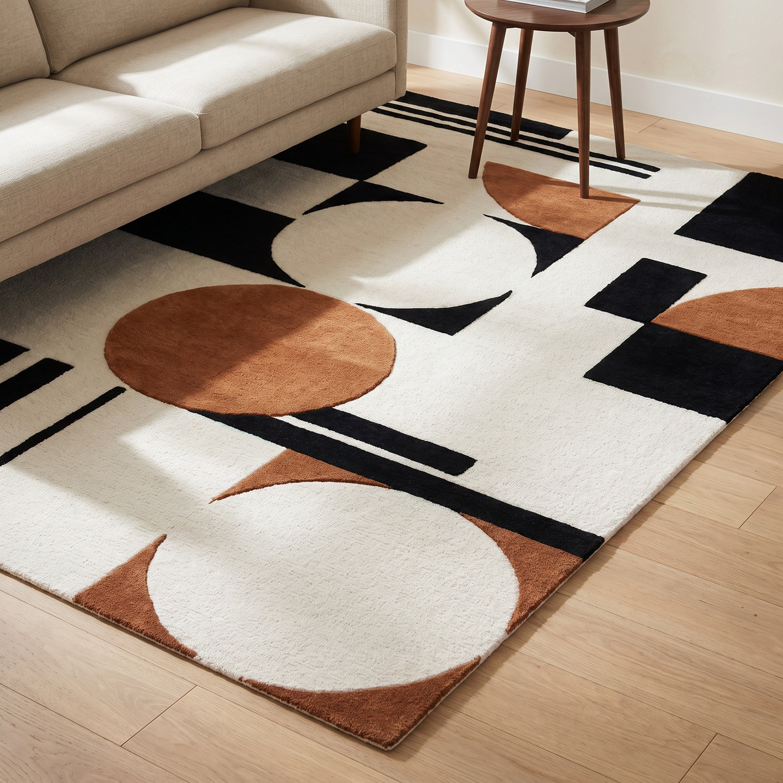 Antoni Ivory Black Brown Hand-Tufted Wool Rug, Rectangle 5' x 8'