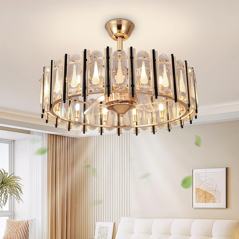 Crystal Ceiling Fan with Remote Caged Reversible G9 Based - Gold, 26" Wide