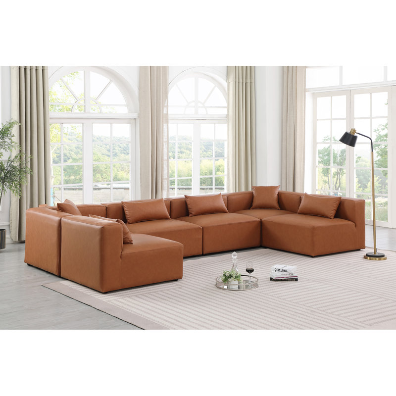 Houswerth Upholstered U-Shaped Sectional Reversible, Cognac Vegan Leather