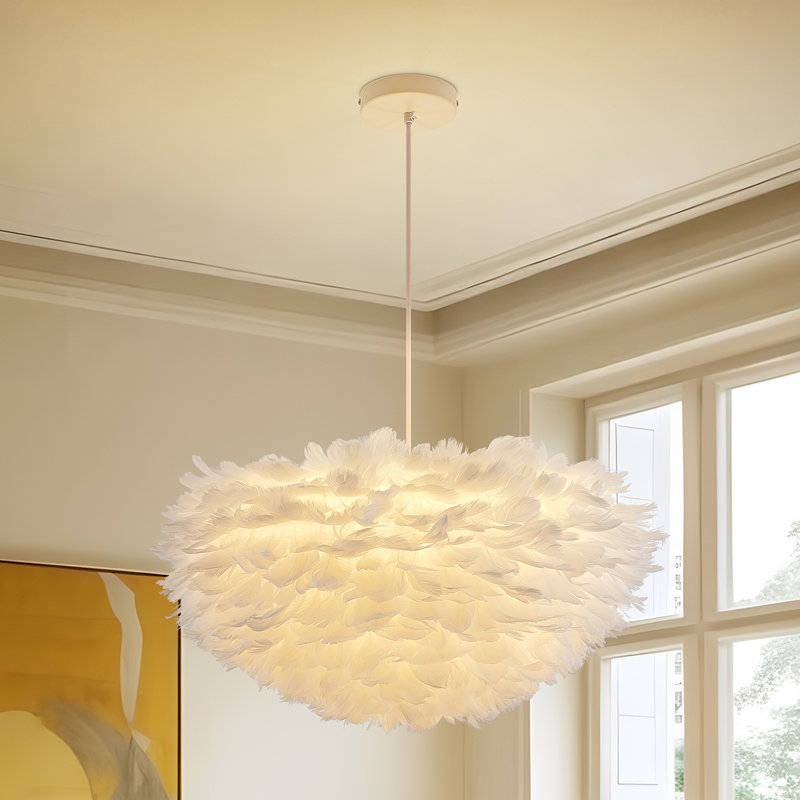 23.62" Modern Farmhouse 5-Light White Feather Statement Pendant Chandelier For Bedrooms