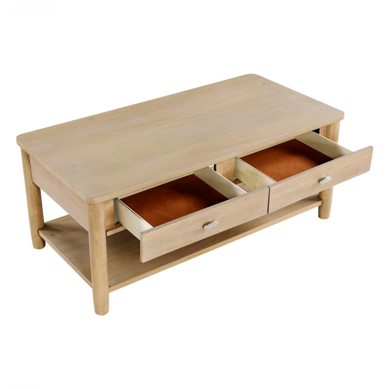 Wooden Coffee Table, Cocktail Table With Two Drawers And One Open Shelf