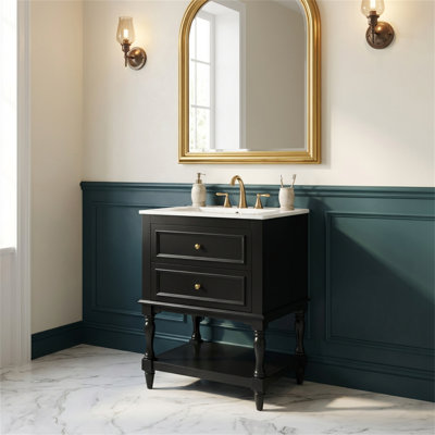 24'' Retro Design Bathroom Vanity – Ceramic Sink With Open Shelf & 2 Drawers, Retro Palace Style, Soft-Close Doors