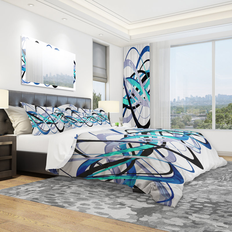 Blue and Silver Helix - Abstract Duvet Cover Set - Microfiber Polyester, King Duvet Cover + 2 Shams